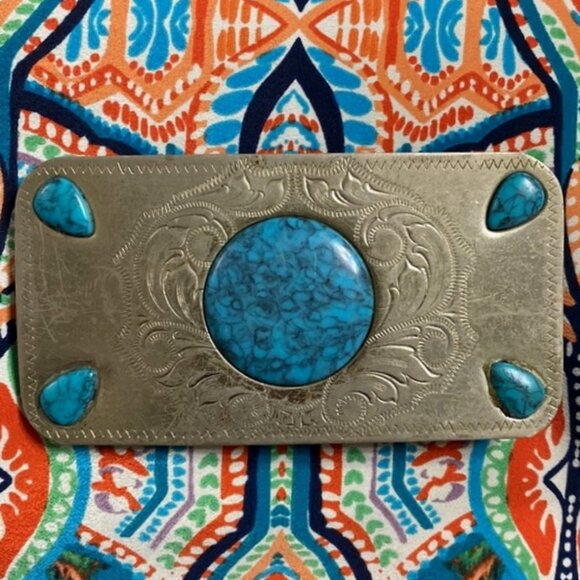 Vintage Nickel Silver And Turquoise Large Belt Buckle main image 6